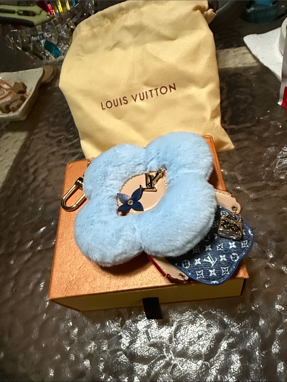 Louis Vuitton Light Blue Fur Flower Bag Charm with Monogram Accents